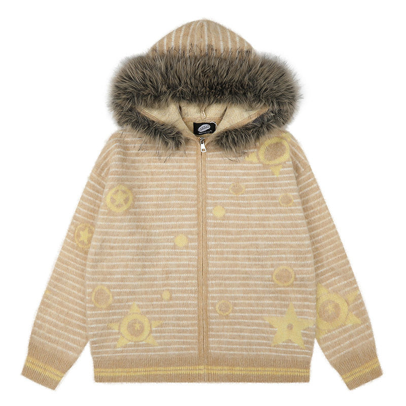 Women's Hooded Cardigan with Fur Trim, Striped Mohair Look and Star Appliqués Amarae