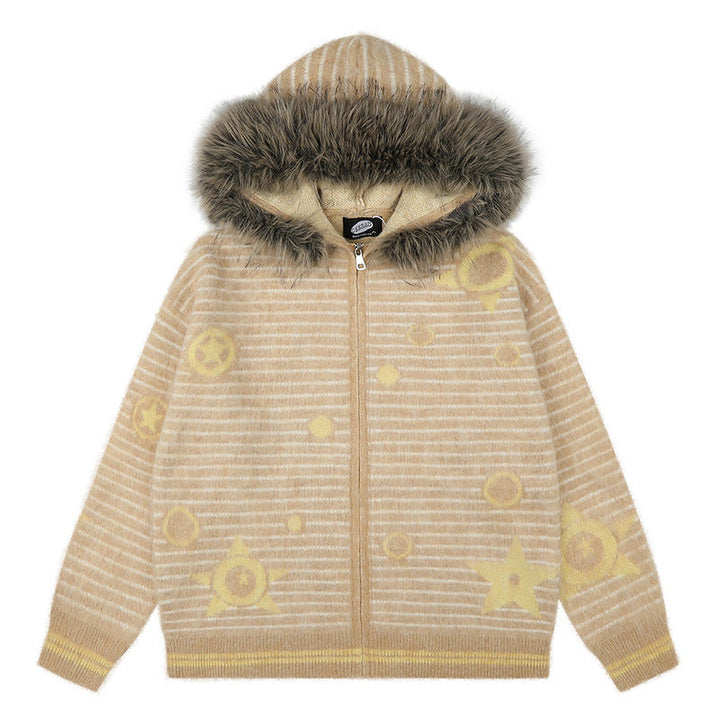 Women's Hooded Cardigan with Fur Trim, Striped Mohair Look and Star Appliqués Amarae