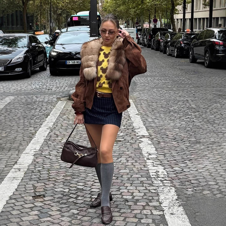 Women's suede bomber jacket with voluminous fur scarf and elastic hem Amarae