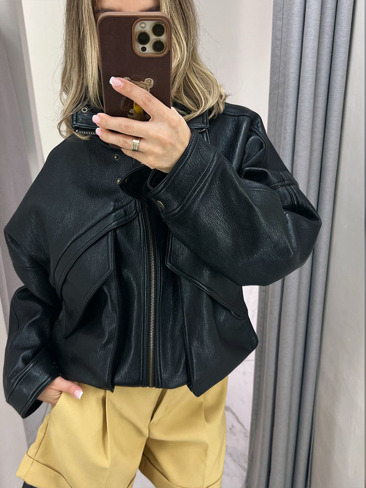 Women's Oversize Bomber Jacket made of textured faux leather with overlapping flap front Amarae