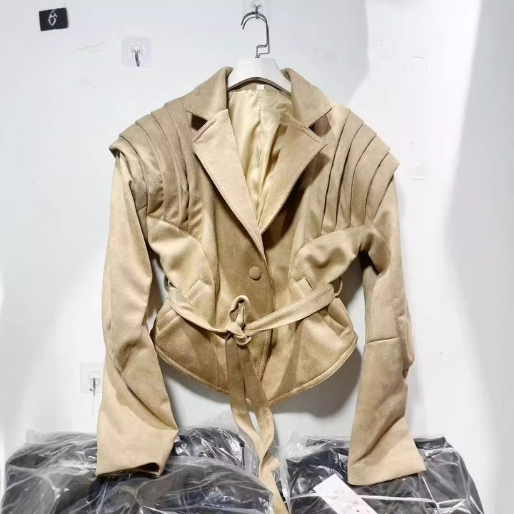 Elegant synthetic leather jacket for women with ruffle details and practical pockets Lune London