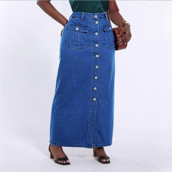 Women's long cut high-waist denim maxi skirt with a continuous button placket and patch pockets Amarae
