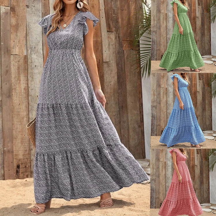 Maxi dress for women with ruffle and V-neck Lune London