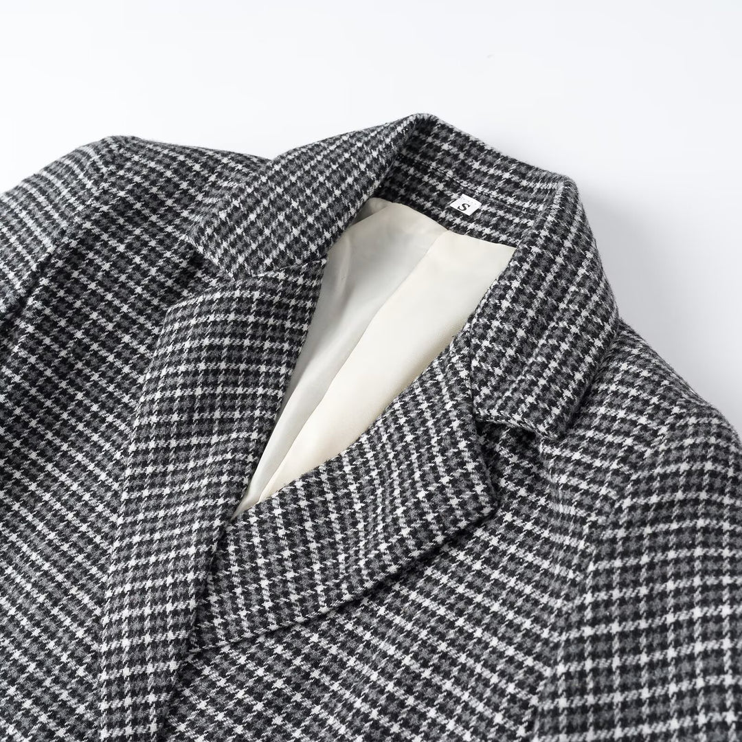 Women Cropped Wool Blend Blazer with Houndstooth Pattern and Double-Breasted Button Placket Amarae