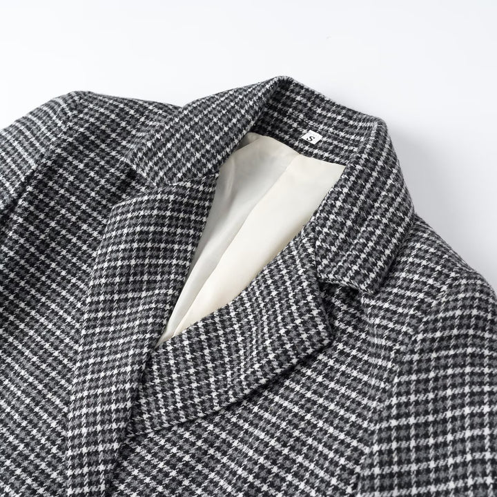 Women Cropped Wool Blend Blazer with Houndstooth Pattern and Double-Breasted Button Placket Amarae