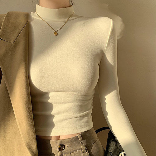 Women's Long Sleeve Crop Top with High Collar and Fitted Cut