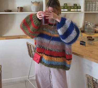 Comfortable knit sweater for women with flared sleeves and a colorful striped pattern Lune London