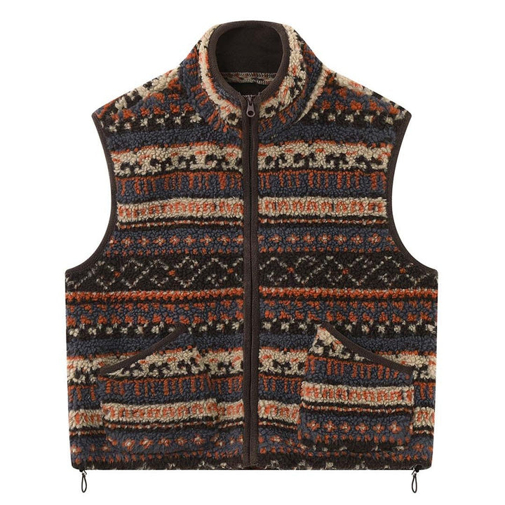 Women Patterned Fleece Vest with Stand-Up Collar and Zipper Amarae
