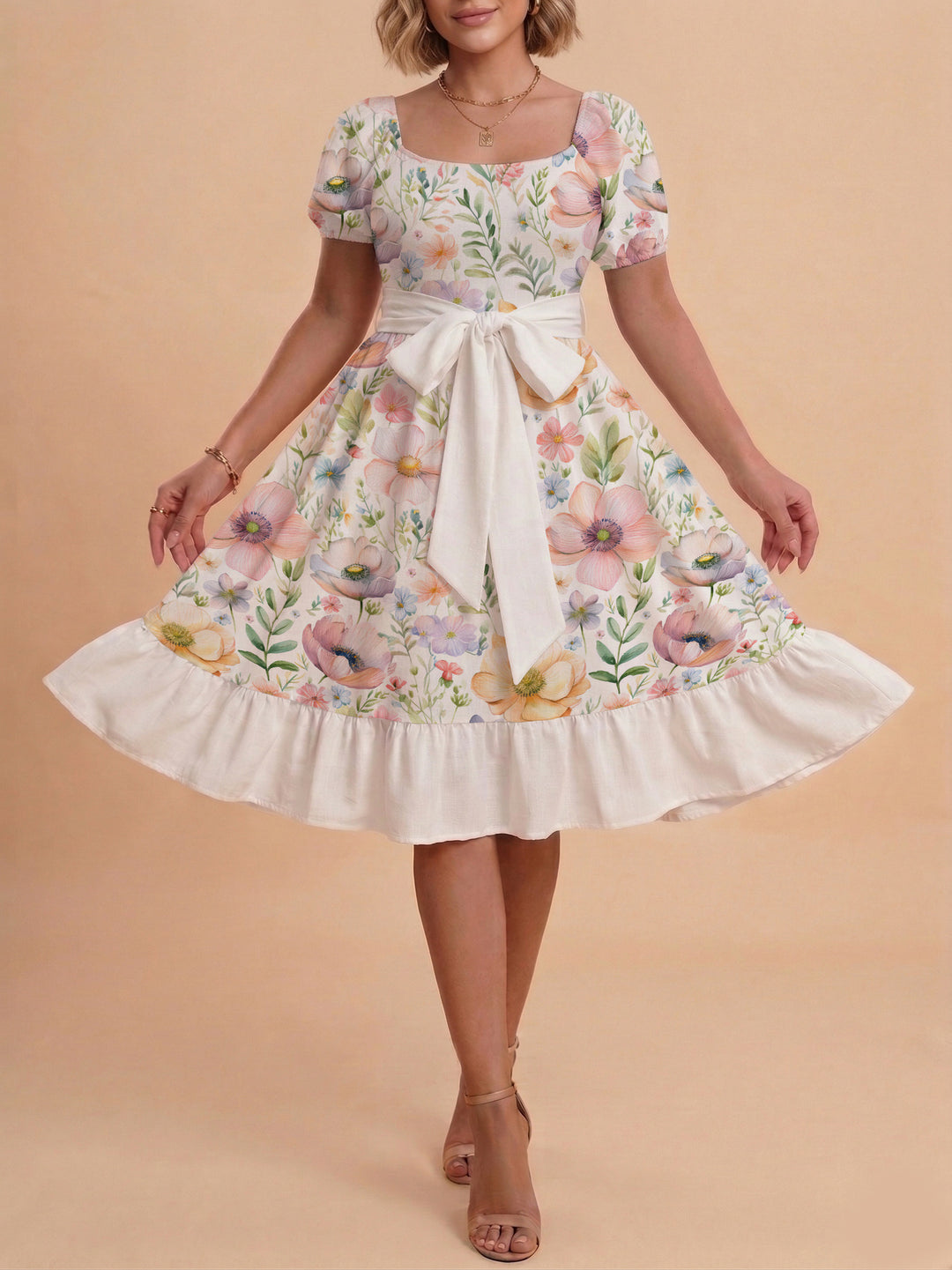 Women's elegant maxi dress with floral design and waist belt Lune London