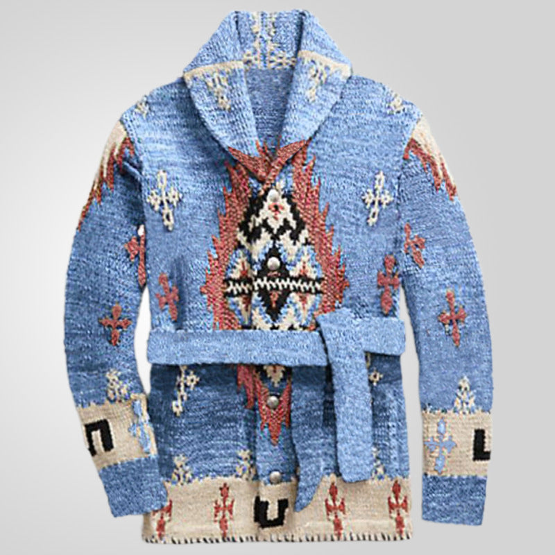 Comfortable knit coat for women with decorative pattern and practical belt Lune London