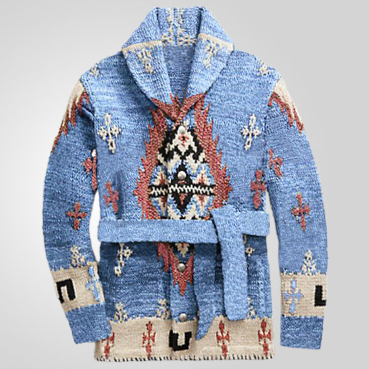 Comfortable knit coat for women with decorative pattern and practical belt Lune London