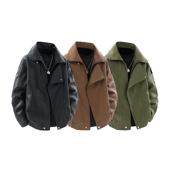 Trendy faux leather jacket for women with high collar and practical side pockets Lune London