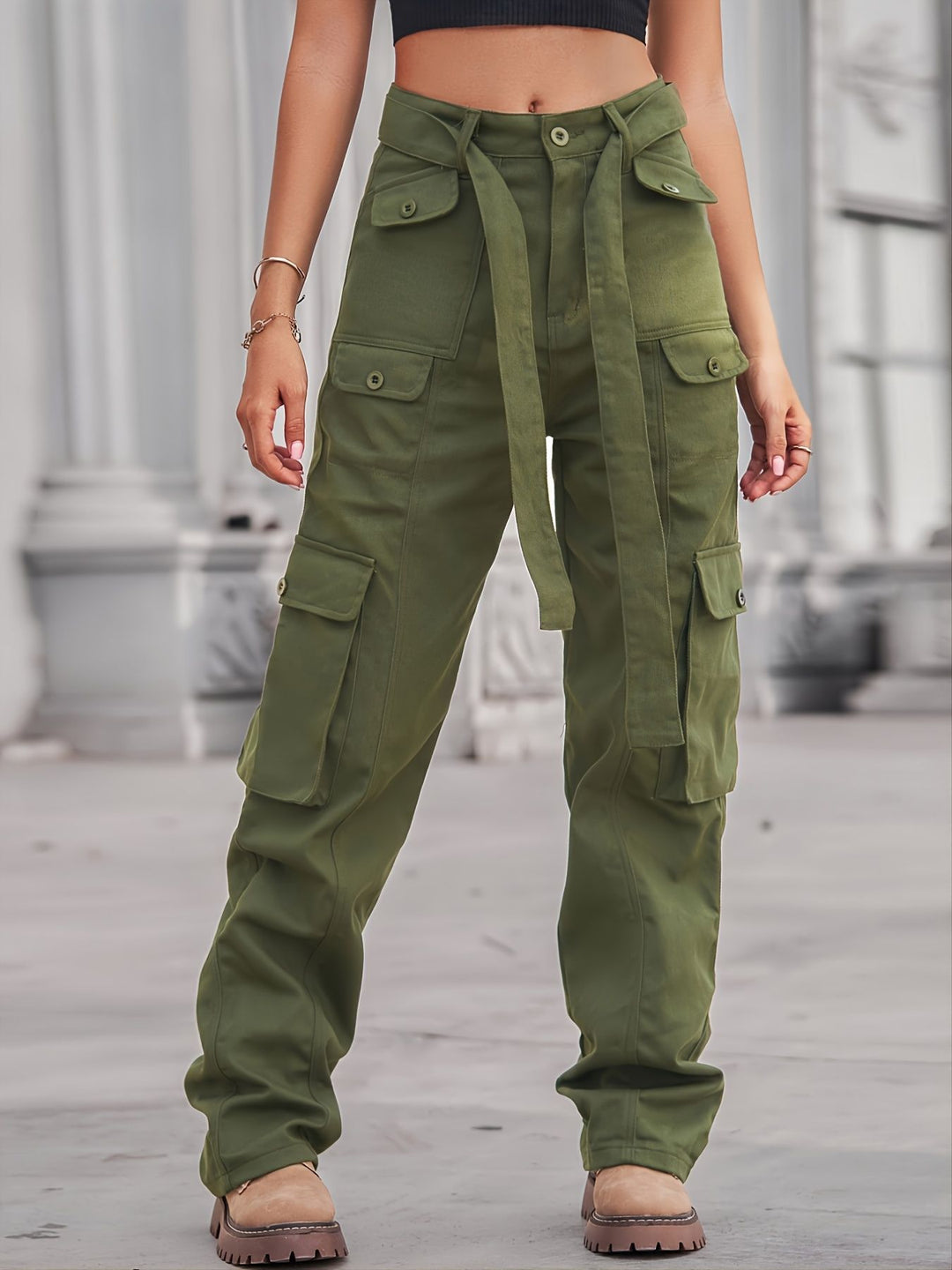 Ladies cargo pants with high waist, tie belt, and multiple flap pockets Amarae