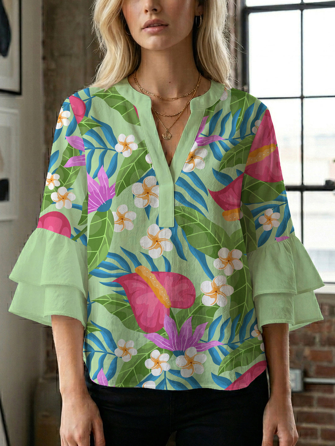 Ladies elegant blouse shirt with voluminous puff sleeves and graphic floral design Lune London