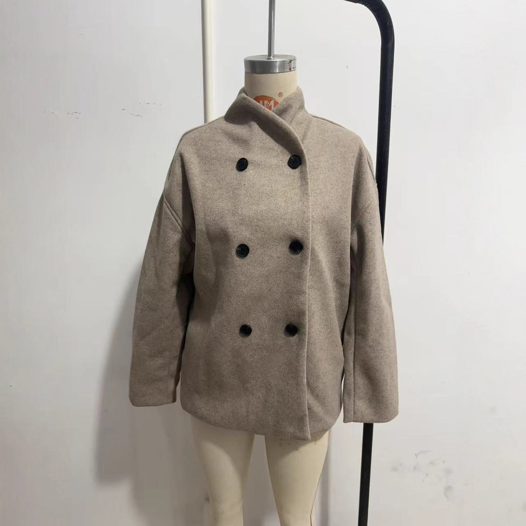 Women Short Double-Breasted Wool Blend Coat with Stand-Up Collar Amarae