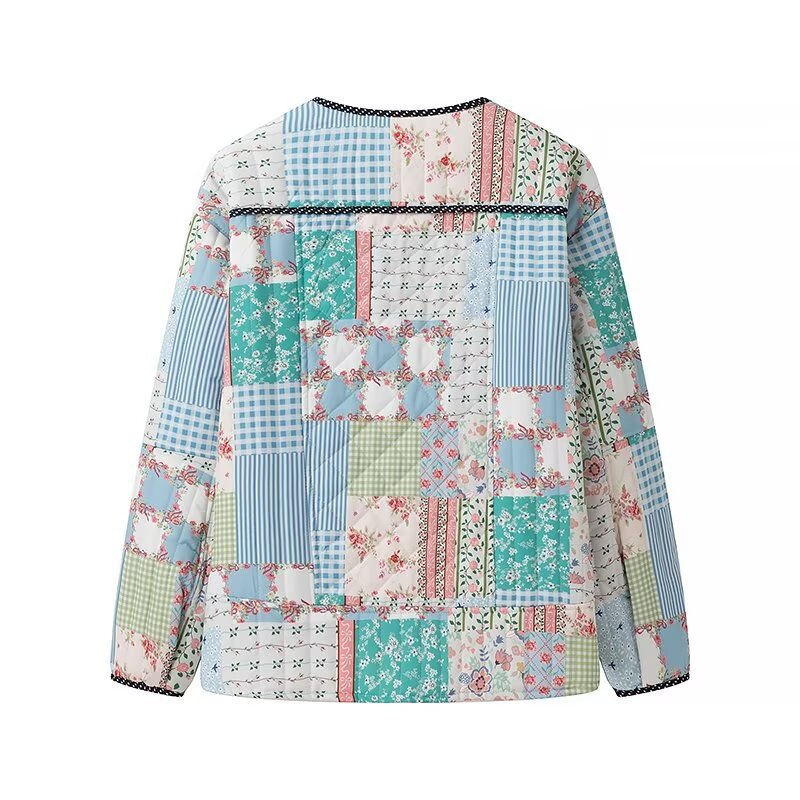 Women's Quilted Patchwork Jacket in Cottage Style with Round Neckline and Contrasting Piping Amarae