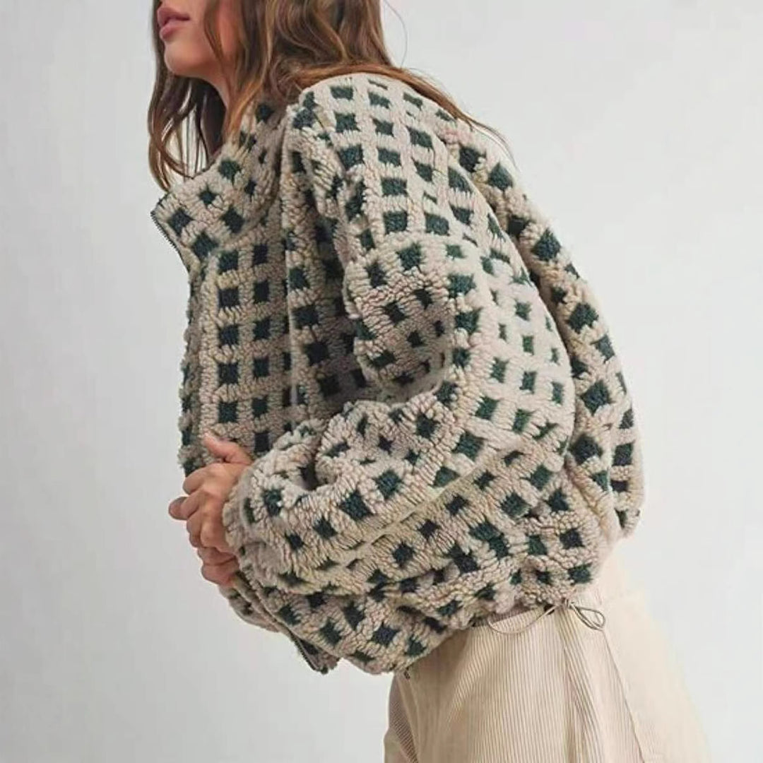 Ladies comfortable fleece jacket with modern check design Lune London