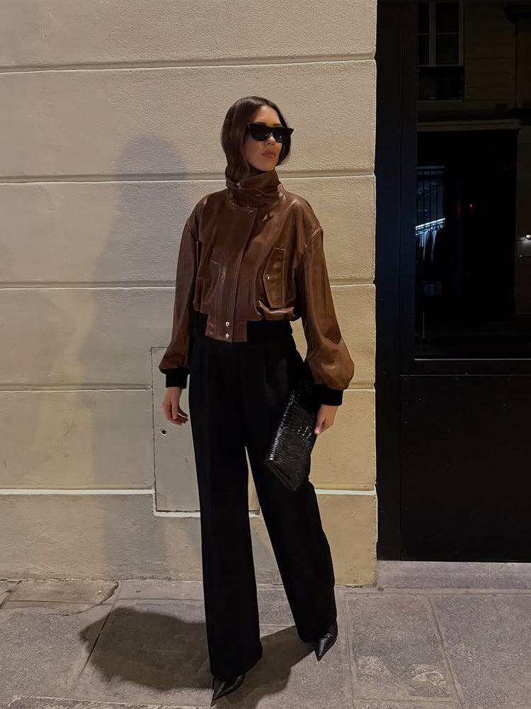 Women's short-cut leather blouse jacket with high stand-up collar and balloon sleeves Amarae