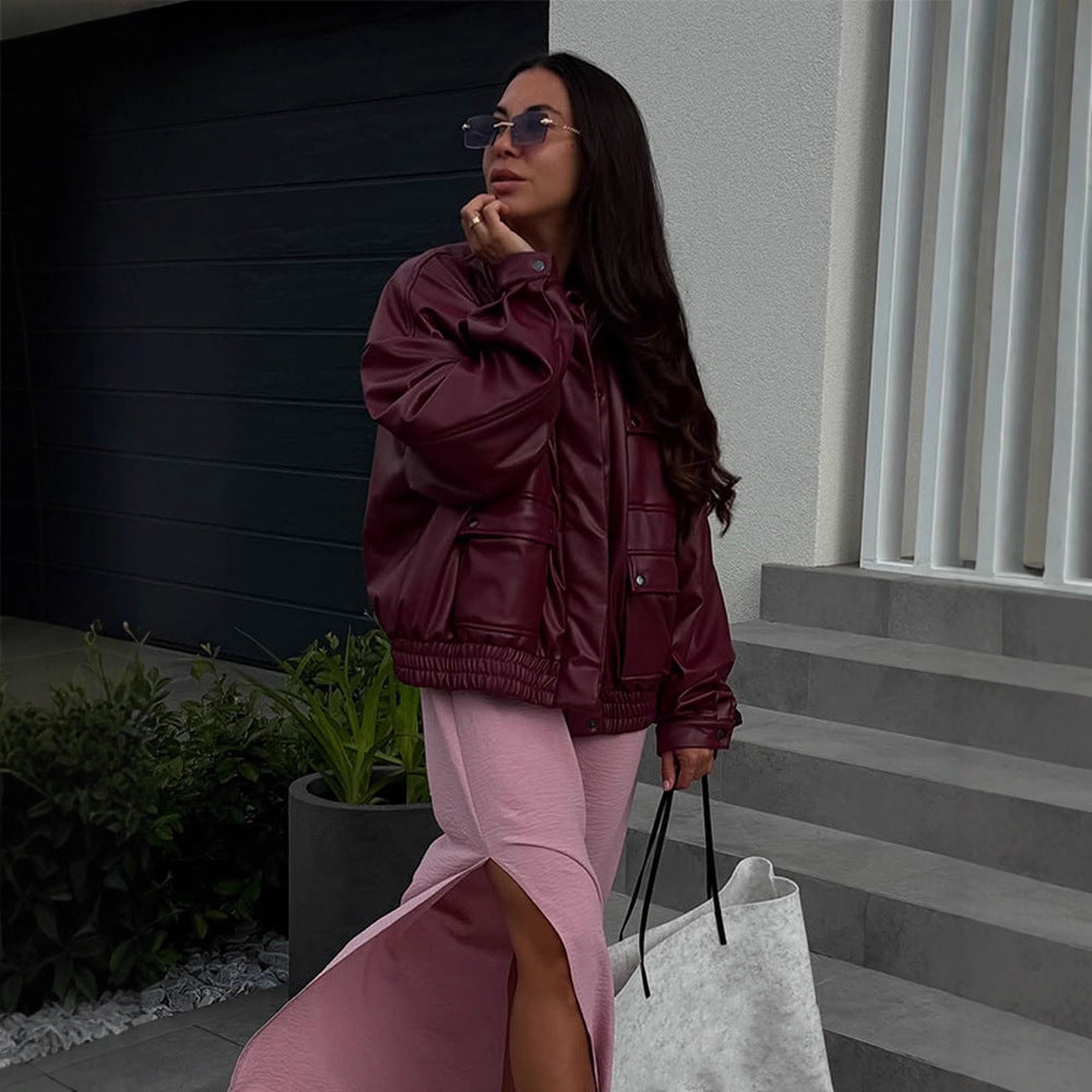 Women Oversized Faux Leather Jacket with Placket Snap Pockets and Elastic Hem Amarae