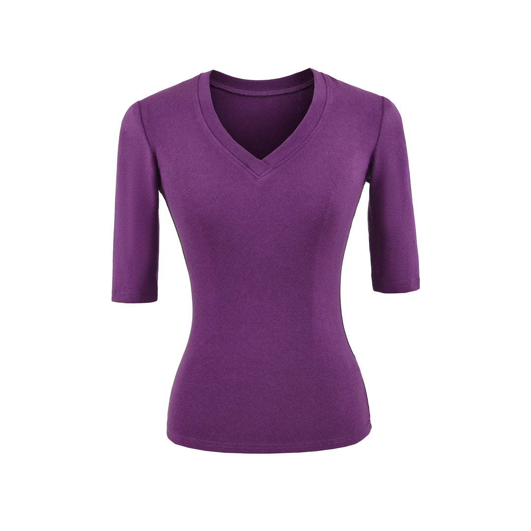 Women's Fitted V-Neck Three-Quarter Sleeve Fine Rib Top made of Stretch Jersey Amarae