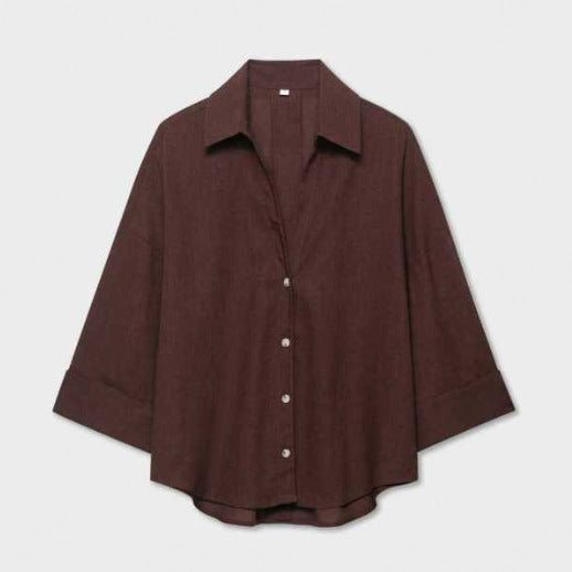 Women's Lightweight Oversized Linen Look Blouse with Three-Quarter Sleeves and Full Button Placket Amarae