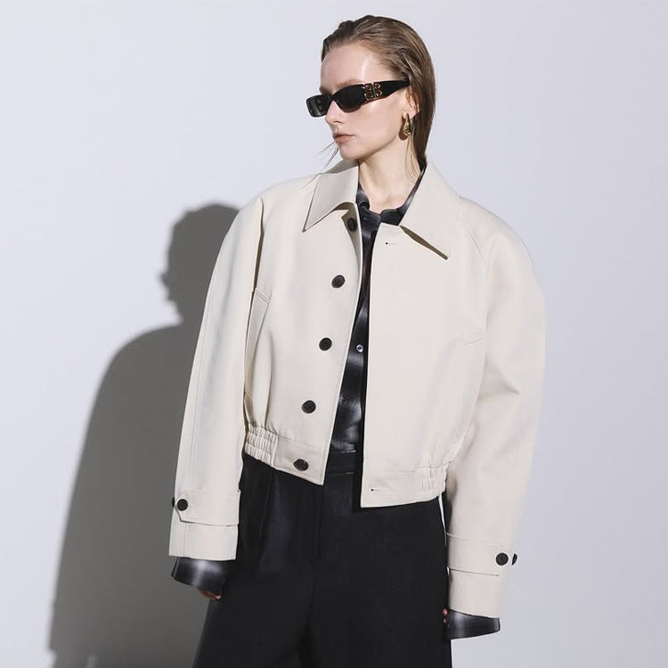 Women's Short Boxy Blouson with Elastic Hem and Distinctive Button Details Amarae