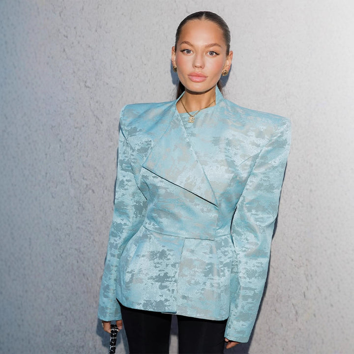 Ladies Tailored Jacquard Blazer with Defined Shoulders, Peplum and Asymmetrical Lapel Amarae