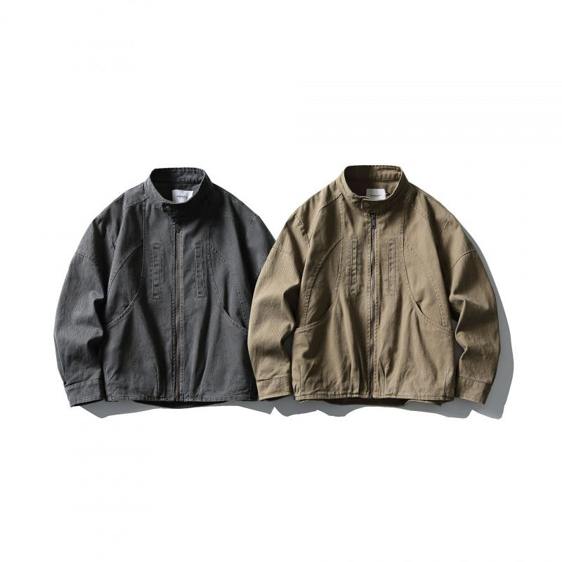 Men's Lightweight Worker Jacket made of Stonewashed Cotton Blend with Stand Collar Amarae