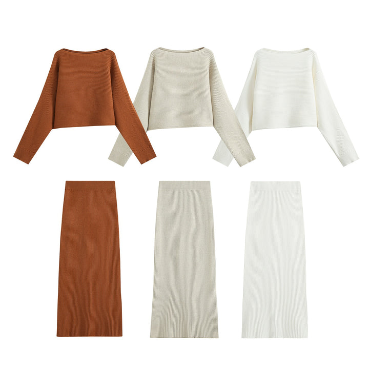 Women's Two-Piece Ribbed Knit Set with Short Sweater and Midi Skirt Amarae
