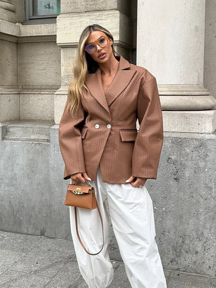 Women's Boxy Blazer with tailored draping and structured faux leather look Amarae