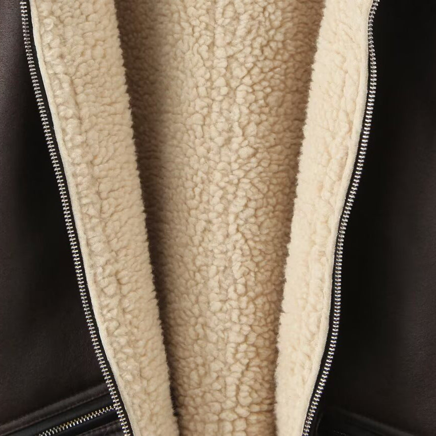 Faux leather jacket for women with warm Sherpa lining and practical zip pockets Lune London