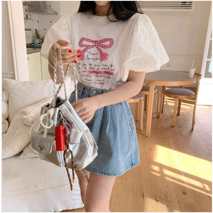 Lune London women's puff sleeve graphic tee set and high waisted denim shorts