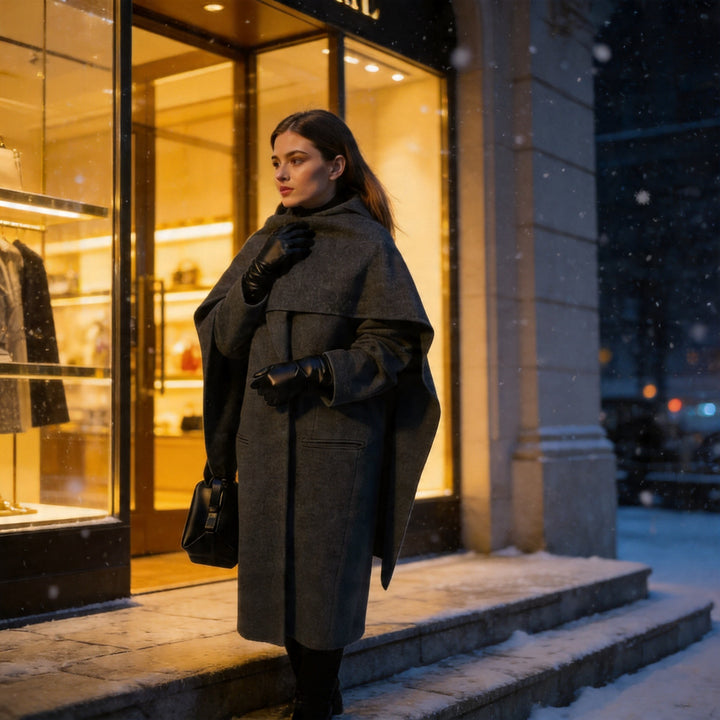 Women’s Extra Long Wool Blend Coat with Integrated Scarf Amarae