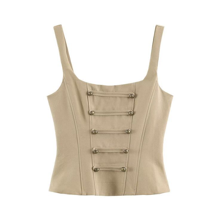 Women's Fitted Corset Top with Decorative Button Placket and Princess Seams Amarae