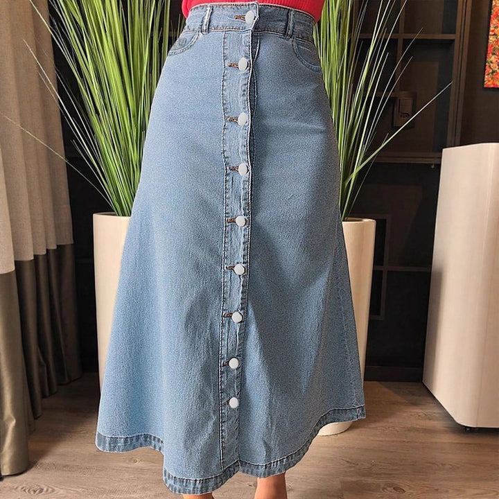 Ladies mid-length denim skirt with continuous button placket and high-waisted A-line cut Amarae