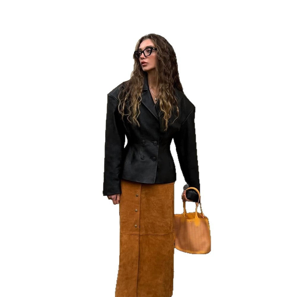 Women Fashionable Blazer-Bomber made of vegan leather imitation with double-breasted front Amarae