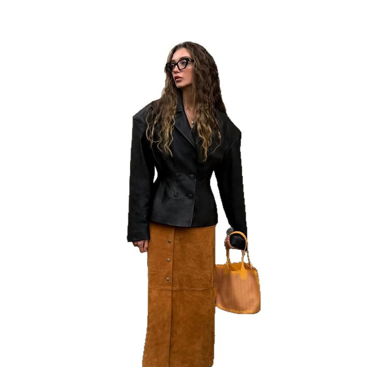 Women Fashionable Blazer-Bomber made of vegan leather imitation with double-breasted front Amarae