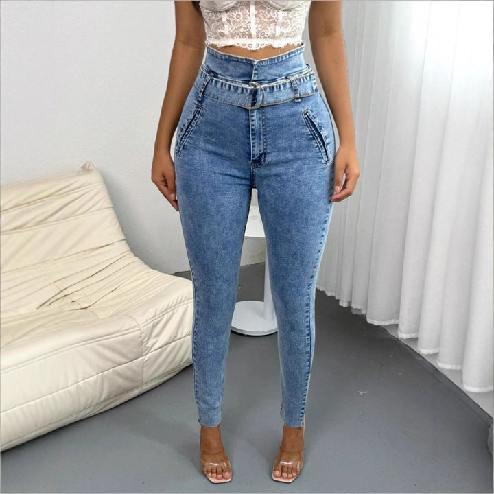 Women's High-Waisted Slim-Skinny Jeans with D-Ring Belt and Diagonal Slip Pockets Amarae