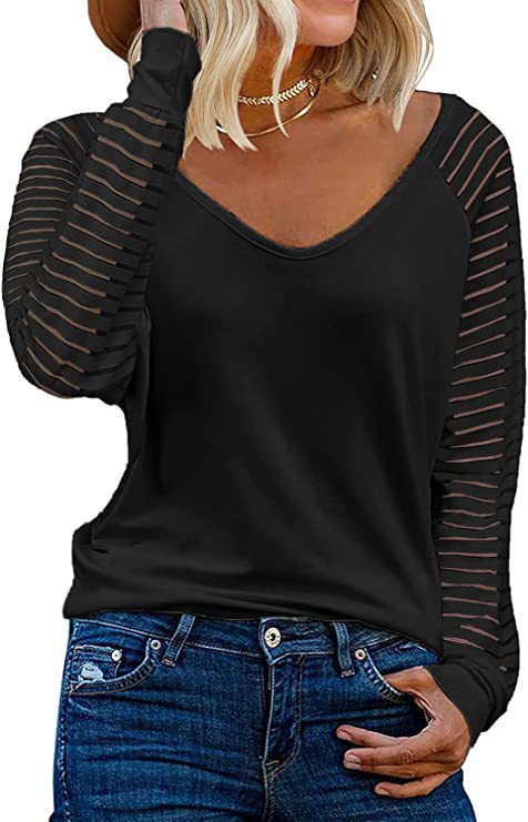 Woman V-neck top with transparent striped sleeves Lune London