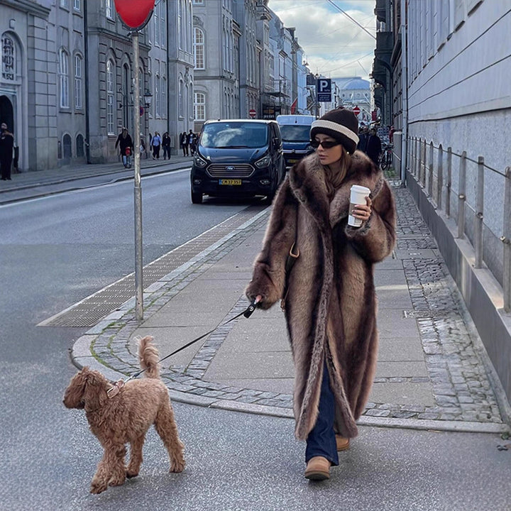 Ladies Maxilength Oversize Faux Fur Coat with Vintage Cut and Wide Lapel Collar Amarae