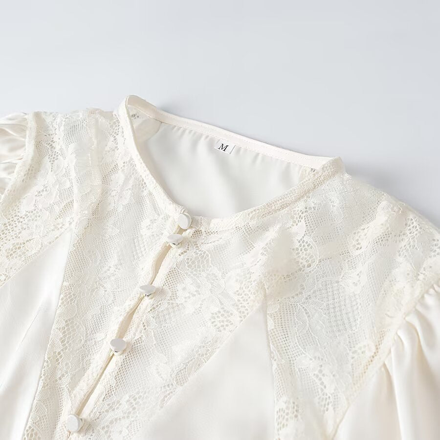 Ladies Romantic Lace Blouse with Drawstring Waist, Ruffled Hem and Balloon Sleeves Amarae