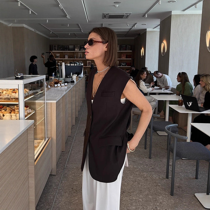 Women Sleeveless Long Blazer Vest with Structured Shoulders and Long Ties Amarae