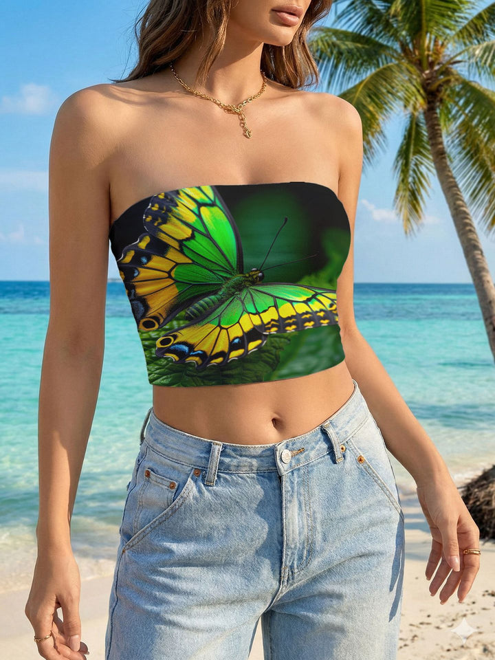 Women's bandeau top with floral bird motif and elastic fit Lune London