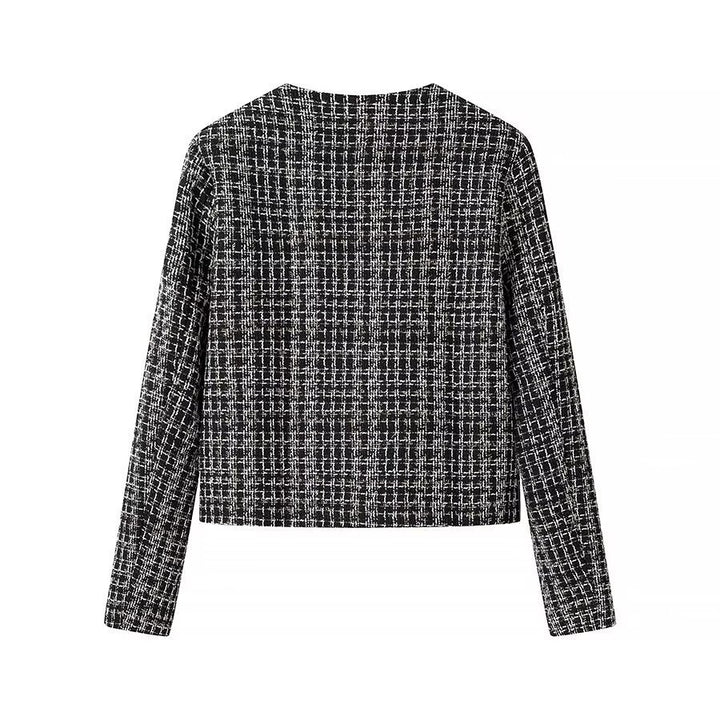 Women's Short Bouclé Tweed Jacket with Round Neckline and Decorative Buttons Amarae
