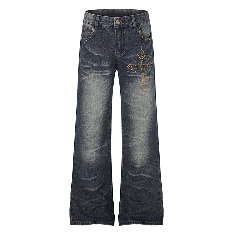 Women's Wide High-Waist Palazzo Jeans with Decorative Stone Cross Appliqué Amarae