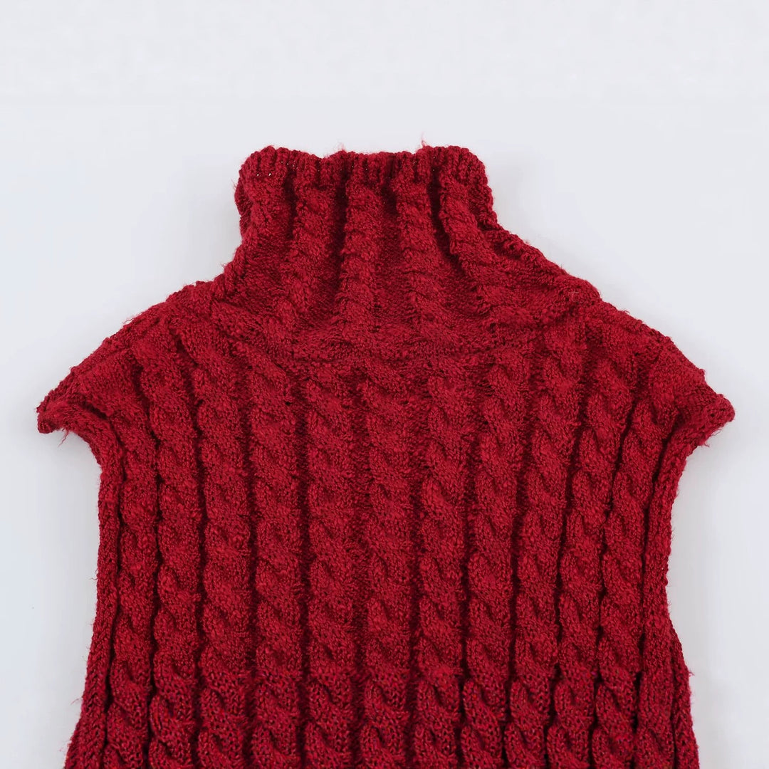 Women Sleeveless Cable Knit Vest with Stand-Up Collar and Full Zipper Amarae