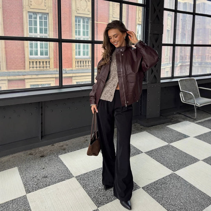 Women's Oversize Faux Leather Jacket with Sherpa Lining, practical flap pockets & two-way zipper Amarae