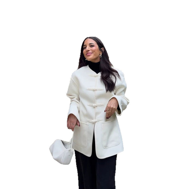 Women's short coat with Chinese toggle closures, oversized sleeves, and patch pockets Amarae