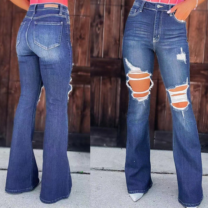 Ladies Flared Jeans with fashionable destroyed effects and high waist Lune London