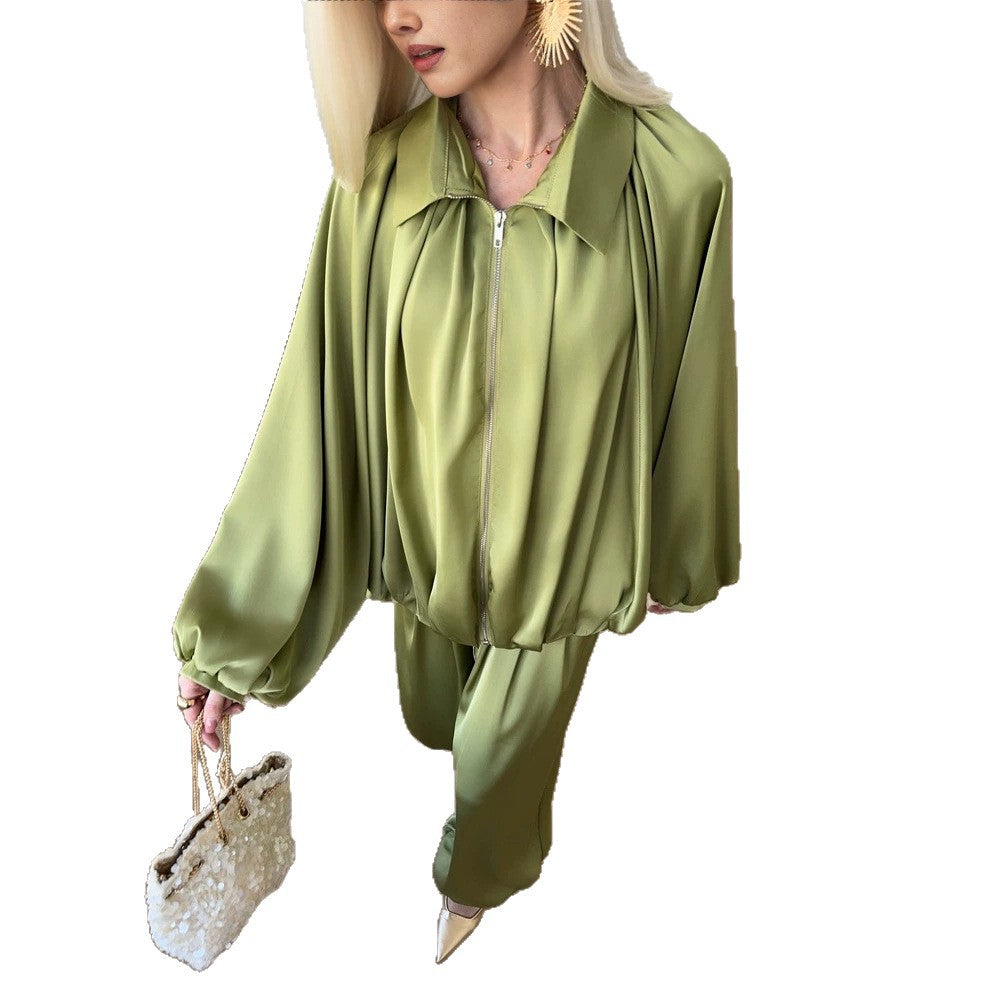 Women Elegant Satin Two-Piece Set with Oversize Blouse and Wide Palazzo Pants Amarae